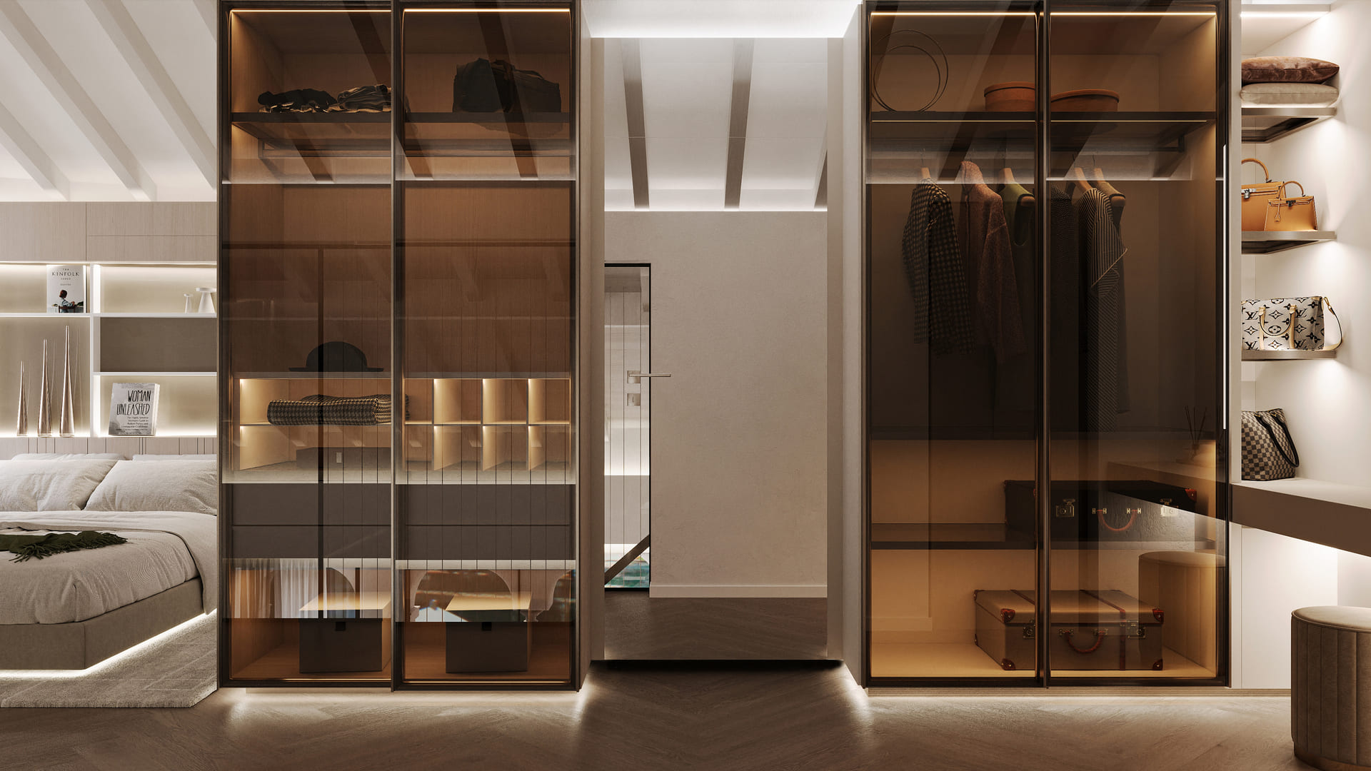 Luxurious bedroom with a transparent walk-in closet showcasing stylish clothes and accessories, illuminated shelves, and warm ambient lighting.