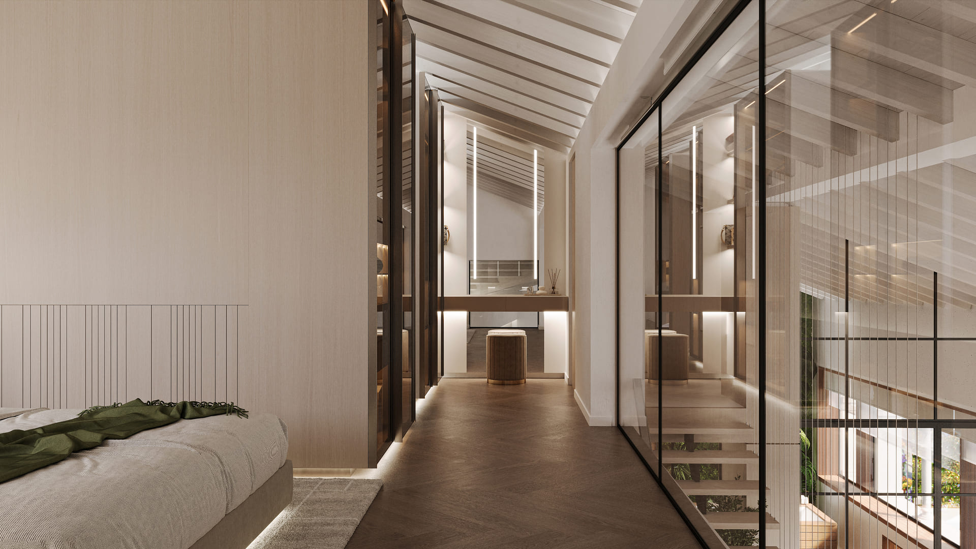 Elegant bedroom with wooden flooring, a minimalistic bed, and glass partitions revealing a well-lit modern bathroom and staircase.