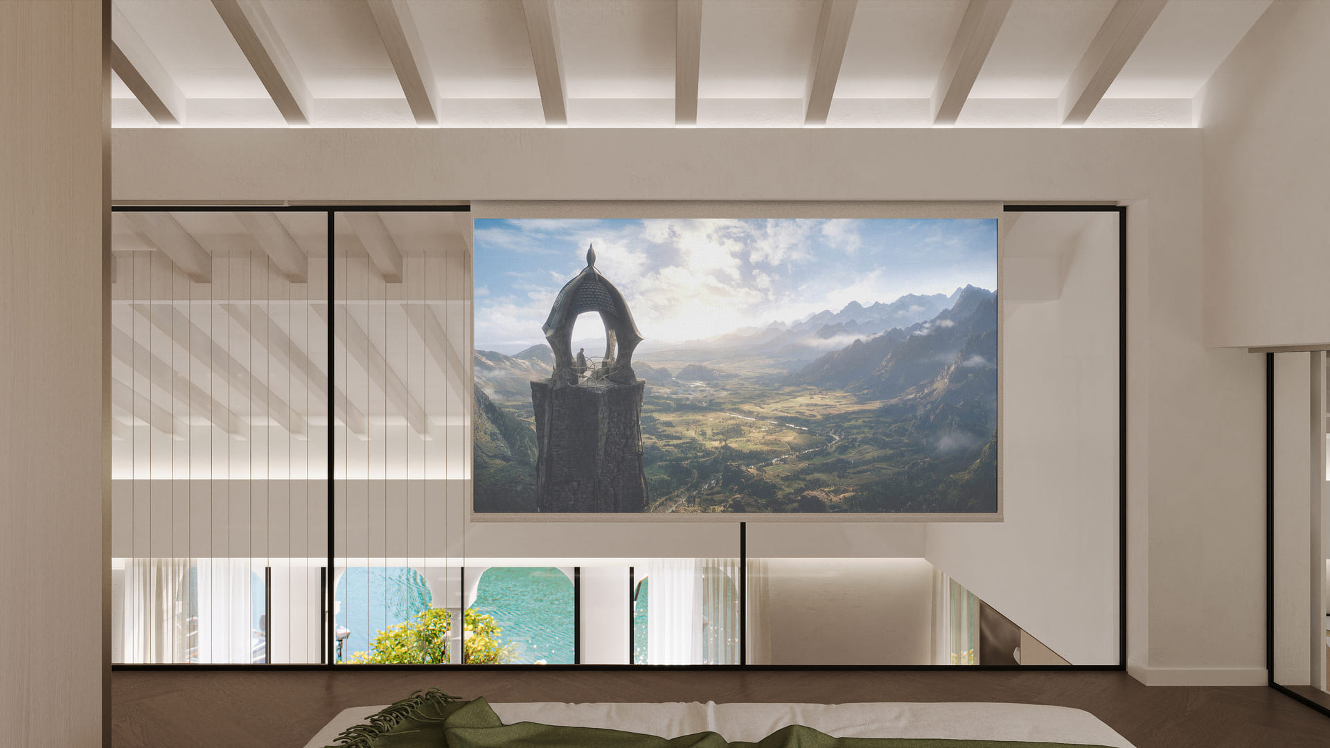 A sleek interior room featuring a prominent wall art of a fantasy landscape with a figure atop a unique structure, complemented by modern architecture and a view of a balcony garden.