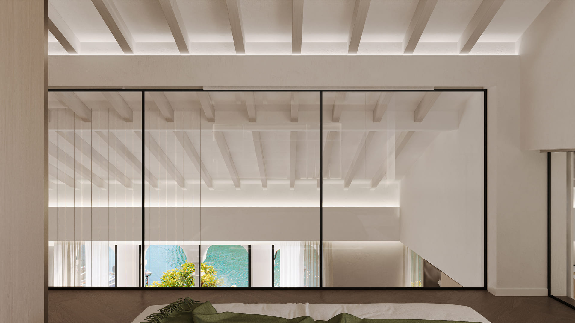 Modern bedroom design featuring a geometric ceiling pattern, mirrored walls reflecting the interior, and glimpses of an outdoor terrace.