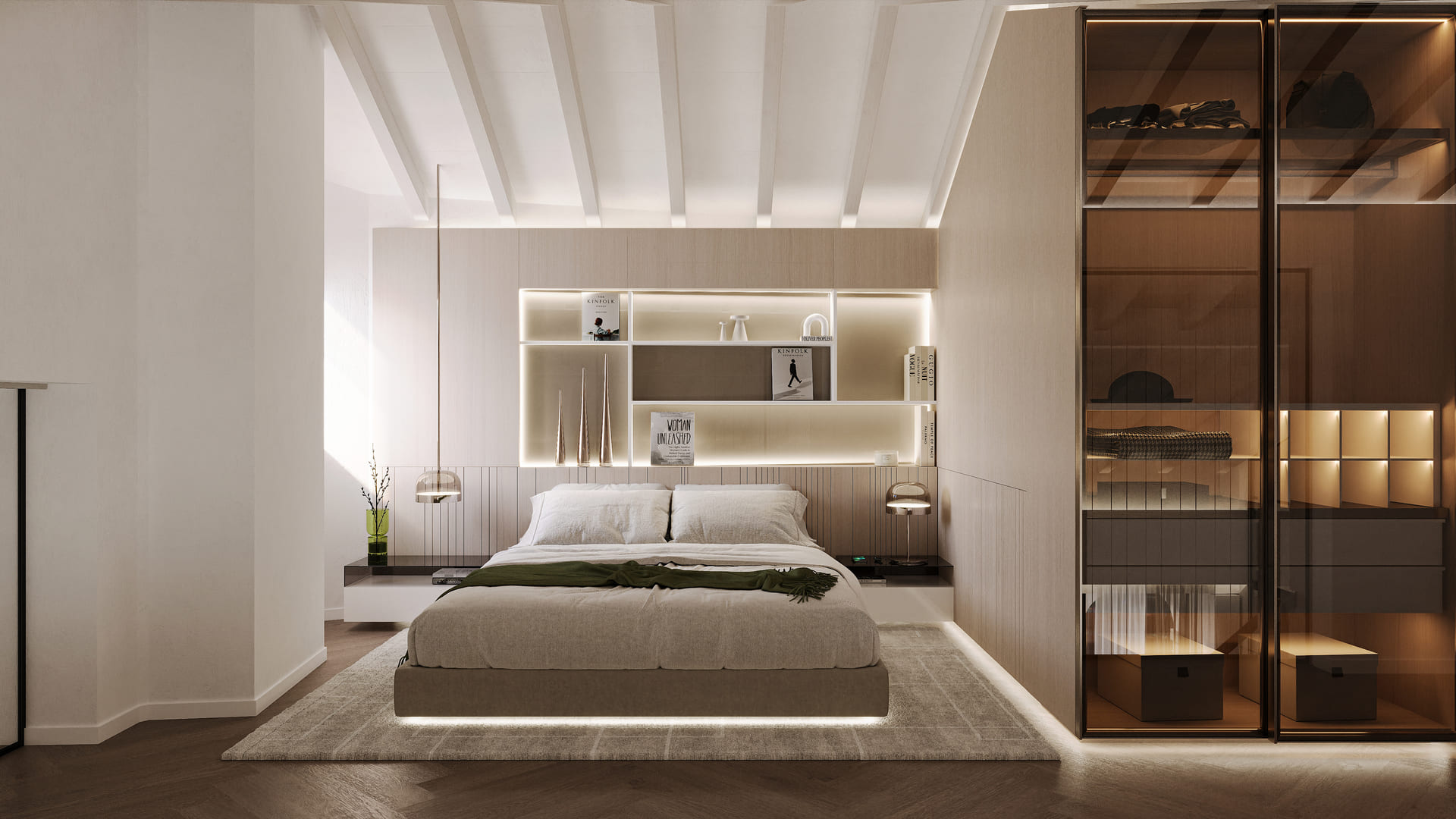 Contemporary bedroom with a neutral palette, illuminated shelving, cozy bedding, and a sleek wardrobe with glass doors.