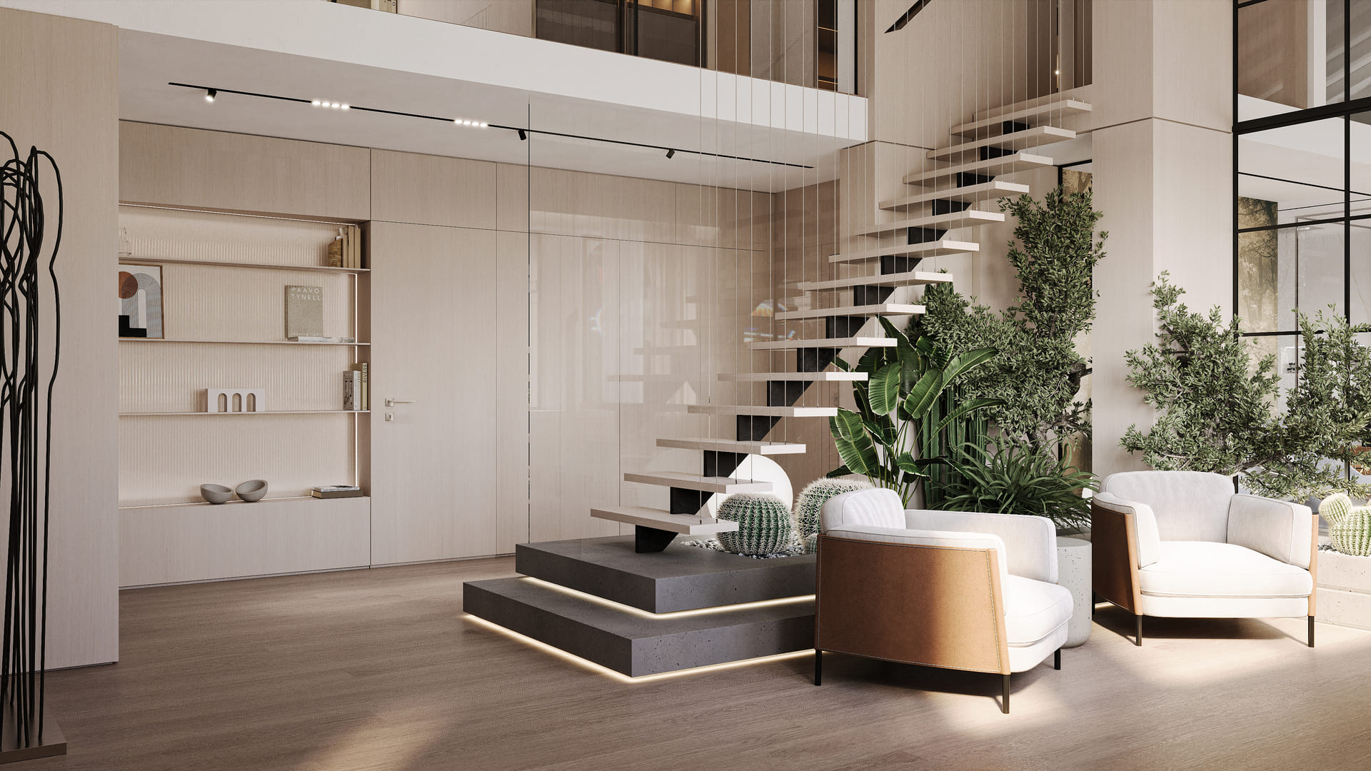 A contemporary living space with light wood finishes, a floating staircase, built-in shelves, indoor plants, and elegant furniture pieces.