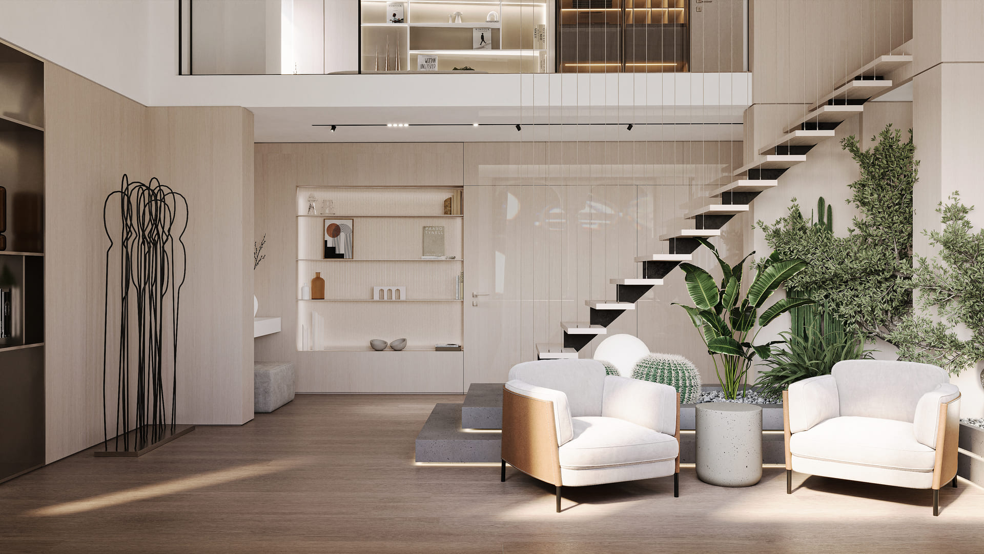 A modern living space with floating stairs, light wooden accents, two plush chairs, decorative shelves, and indoor greenery.