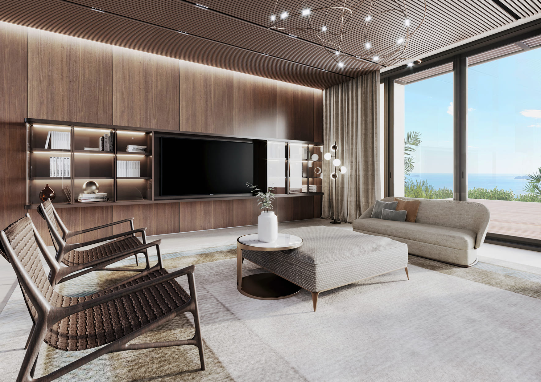 A modern living area with wooden wall panels, a large TV, comfortable seating, and a seaside view through expansive windows.