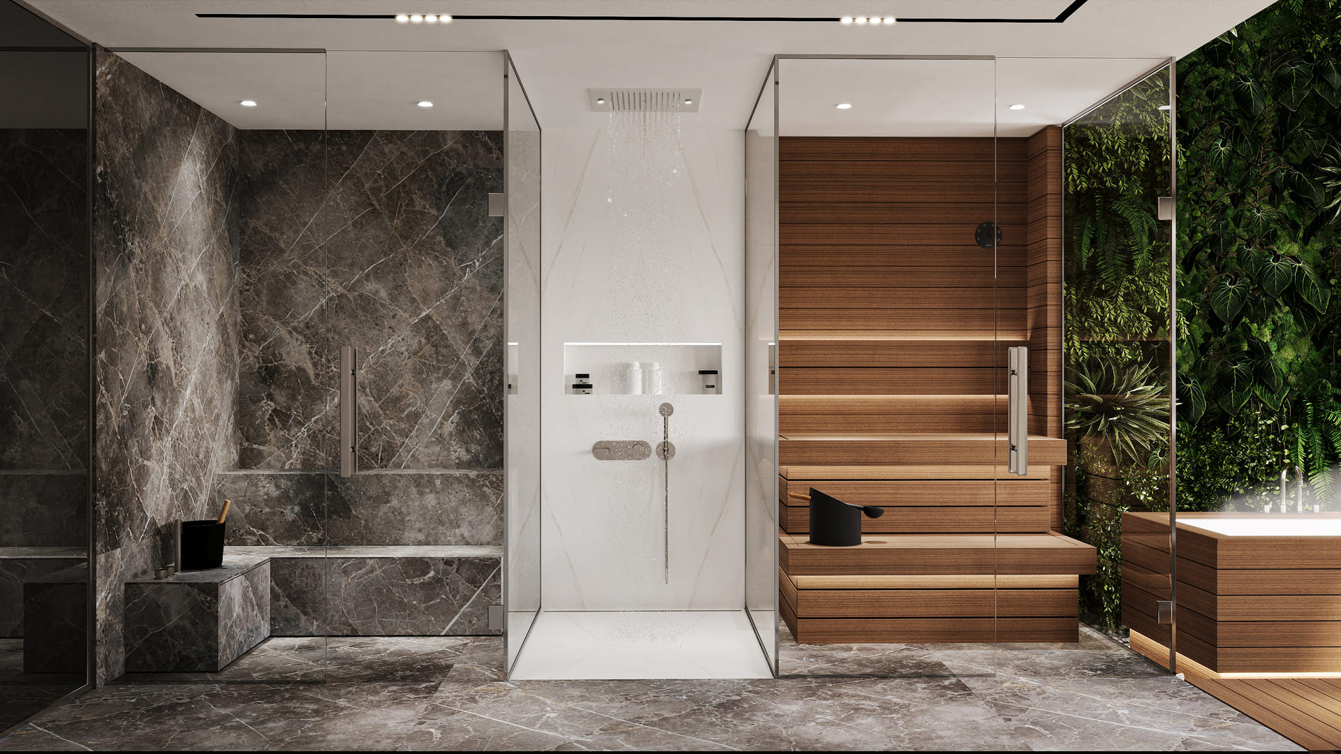 A luxurious bathroom featuring a marble design, clear glass shower with modern fixtures, wooden cabinetry, and a vertical garden wall.