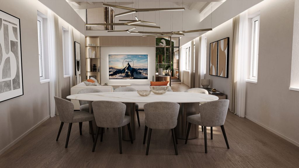 A contemporary dining area with a marble table, gray upholstered chairs, and elegant decor, complemented by soft lighting and artwork on the walls.