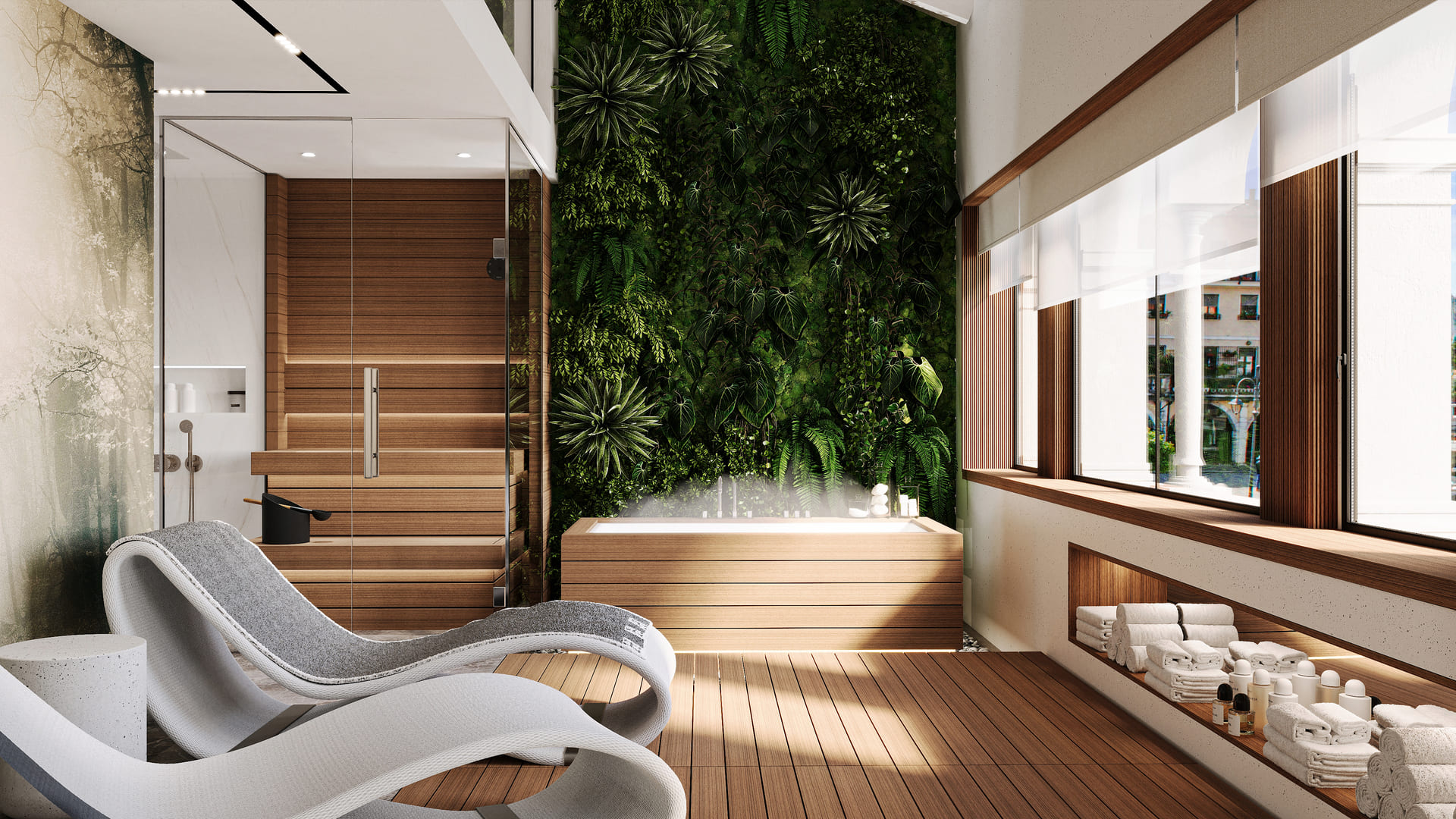 A contemporary spa with wooden accents, a vibrant green vertical garden, a sunken tub, and wavy loungers, offering a serene and luxurious ambiance.