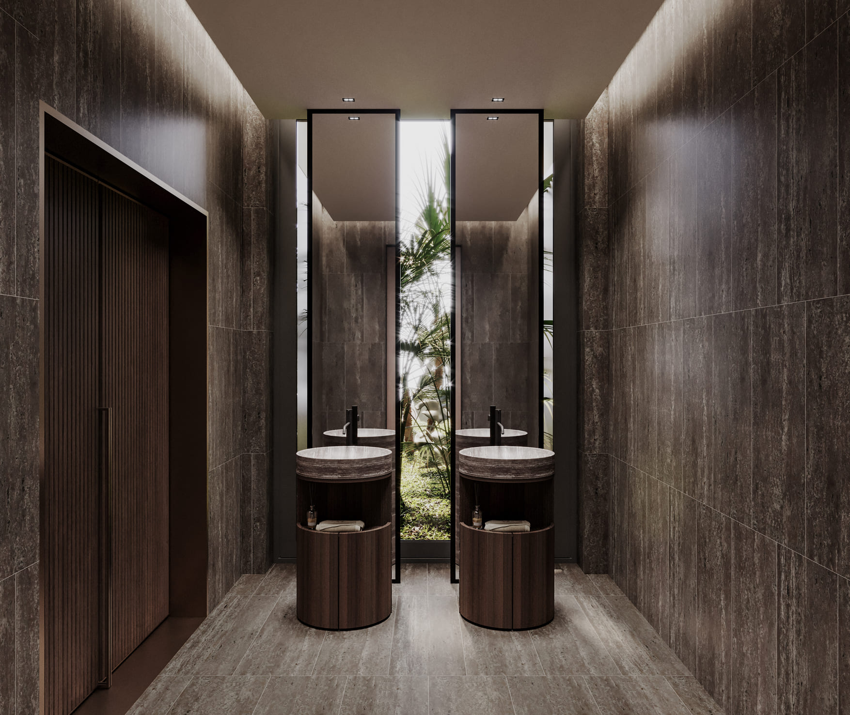 A modern bathroom featuring dual cylindrical sinks set against a backdrop of dark stone tiles, with a view of greenery through a tall window.