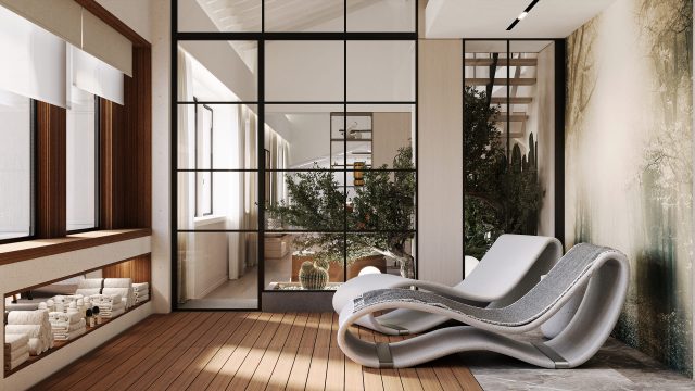 A home spa featuring a distinctive chaise lounge, indoor greenery behind glass partitions, and a wooden shelf stocked with spa essentials, set against a tranquil mural backdrop.