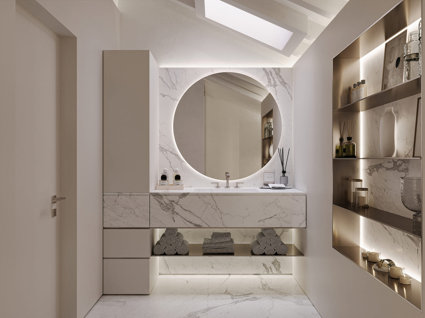 A minimalist modern bathroom with marble accents, an oval mirror, and illuminated shelving displaying toiletries and decorative items.