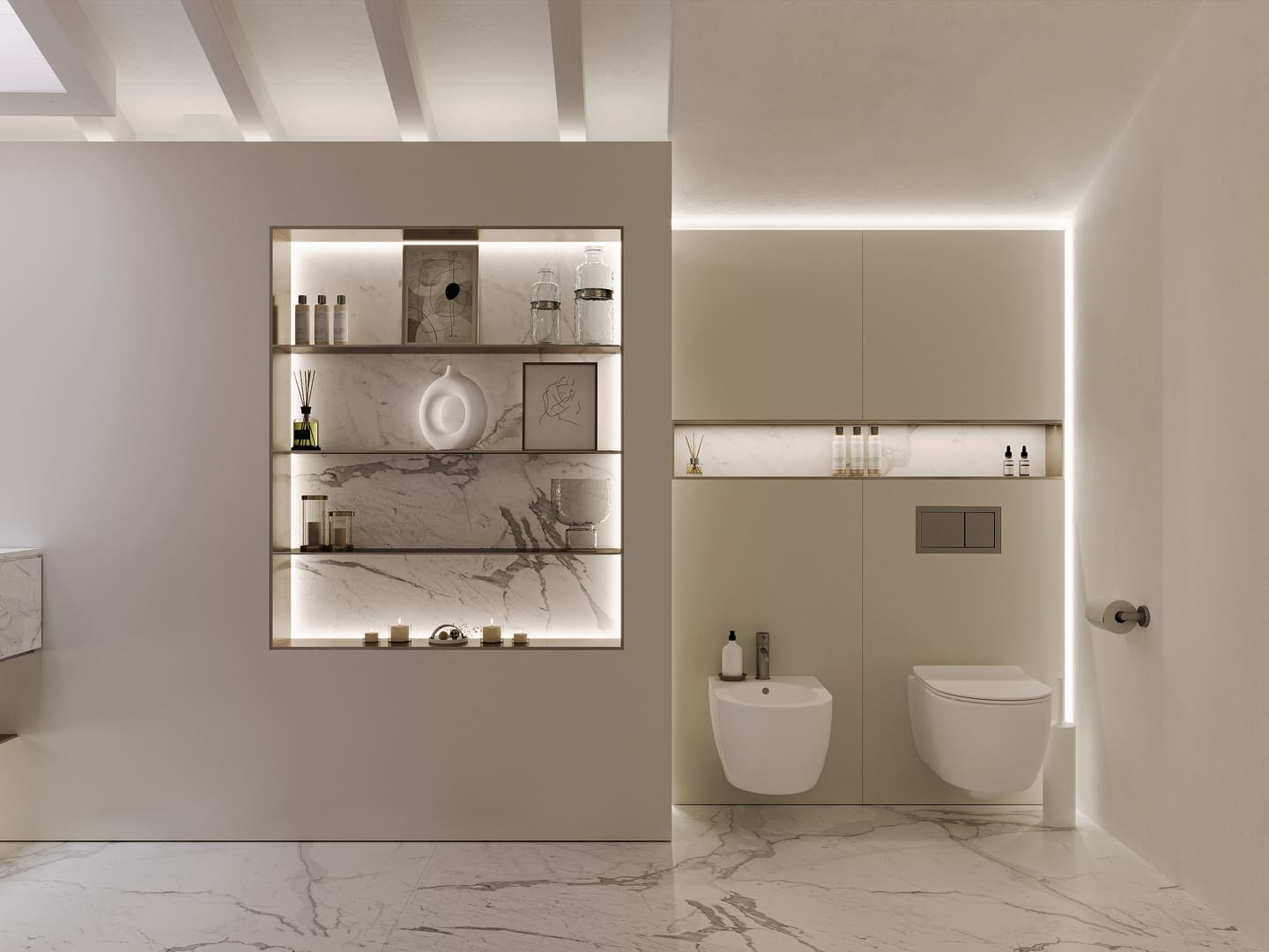 A modern bathroom with a marble backdrop, illuminated shelves displaying decor, and sleek fixtures, emphasizing a minimalist and luxurious aesthetic.