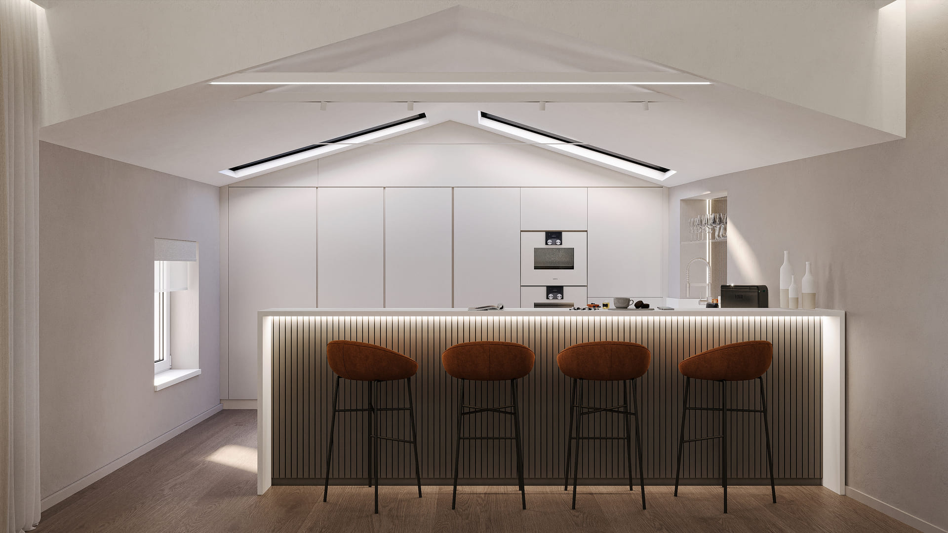 Minimalistic kitchen interior with white cabinetry, skylights, and a ribbed island bar with three brown stools.