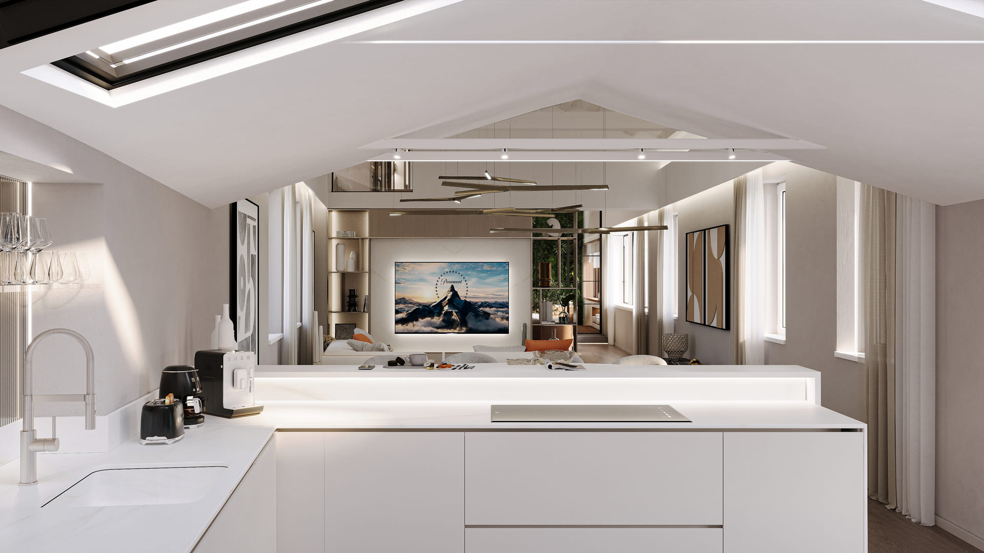 Modern open-concept living space with white kitchen counter, skylight, large landscape artwork, and neutral tones throughout.