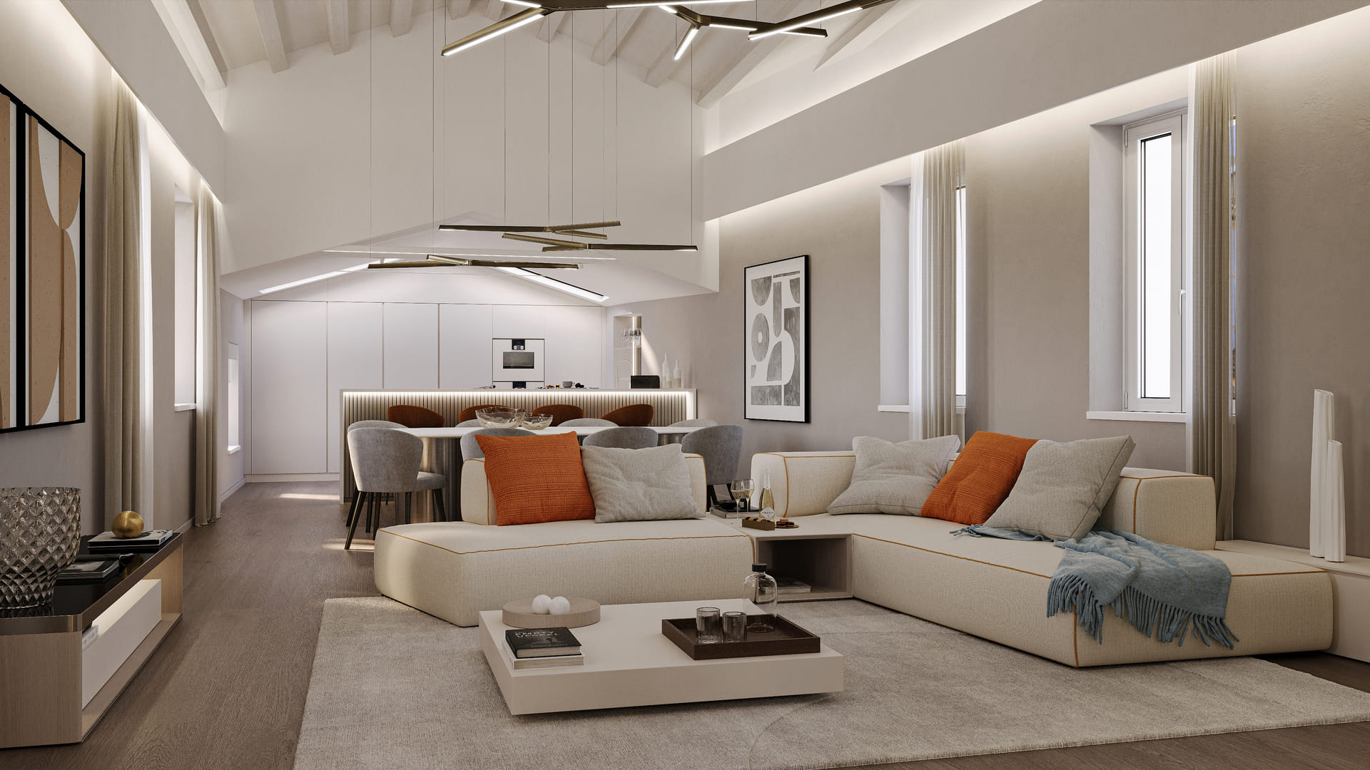 A spacious contemporary living room with beige tones, featuring orange accent pillows, abstract art, a unique ceiling light fixture, and a connected dining area.