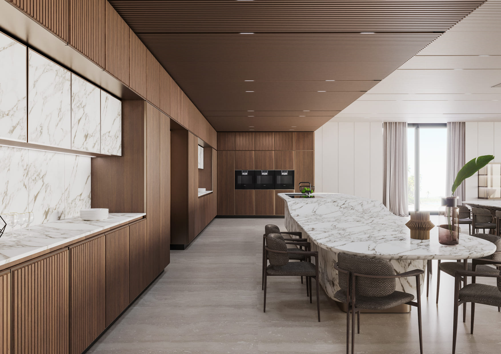 A sleek kitchen with wood paneling, marble countertops, and a large marble island with woven chairs. The space is well-lit, featuring clean lines and a minimalist design.