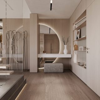Minimalist room with wooden finishes, multi-level shelves, an arched entrance, and a large spherical light on a pebbled base.