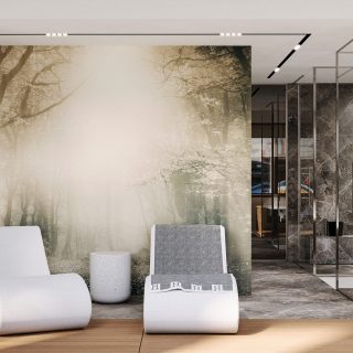 Modern living space with a forest mural, sleek white chairs, glass partitions, and wooden and marble accents.