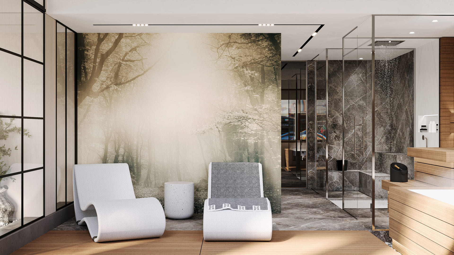 Modern living space with a forest mural, sleek white chairs, glass partitions, and wooden and marble accents.