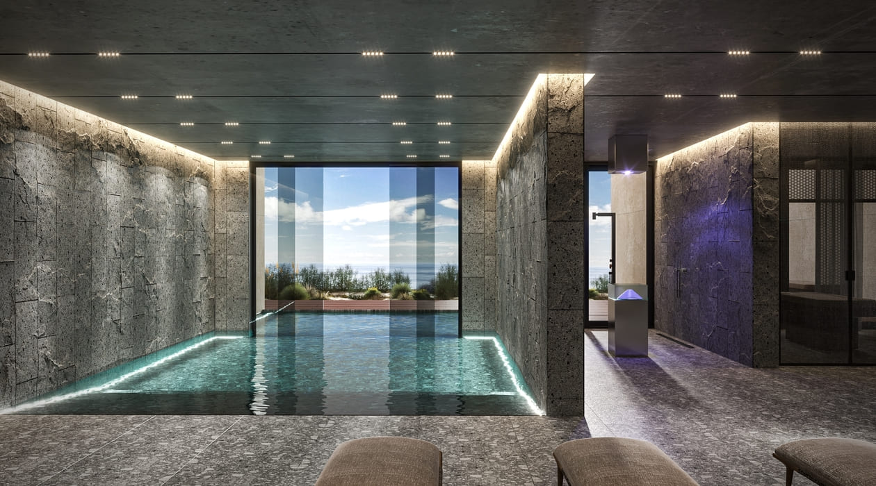 An indoor swimming pool with a view of the outdoors.