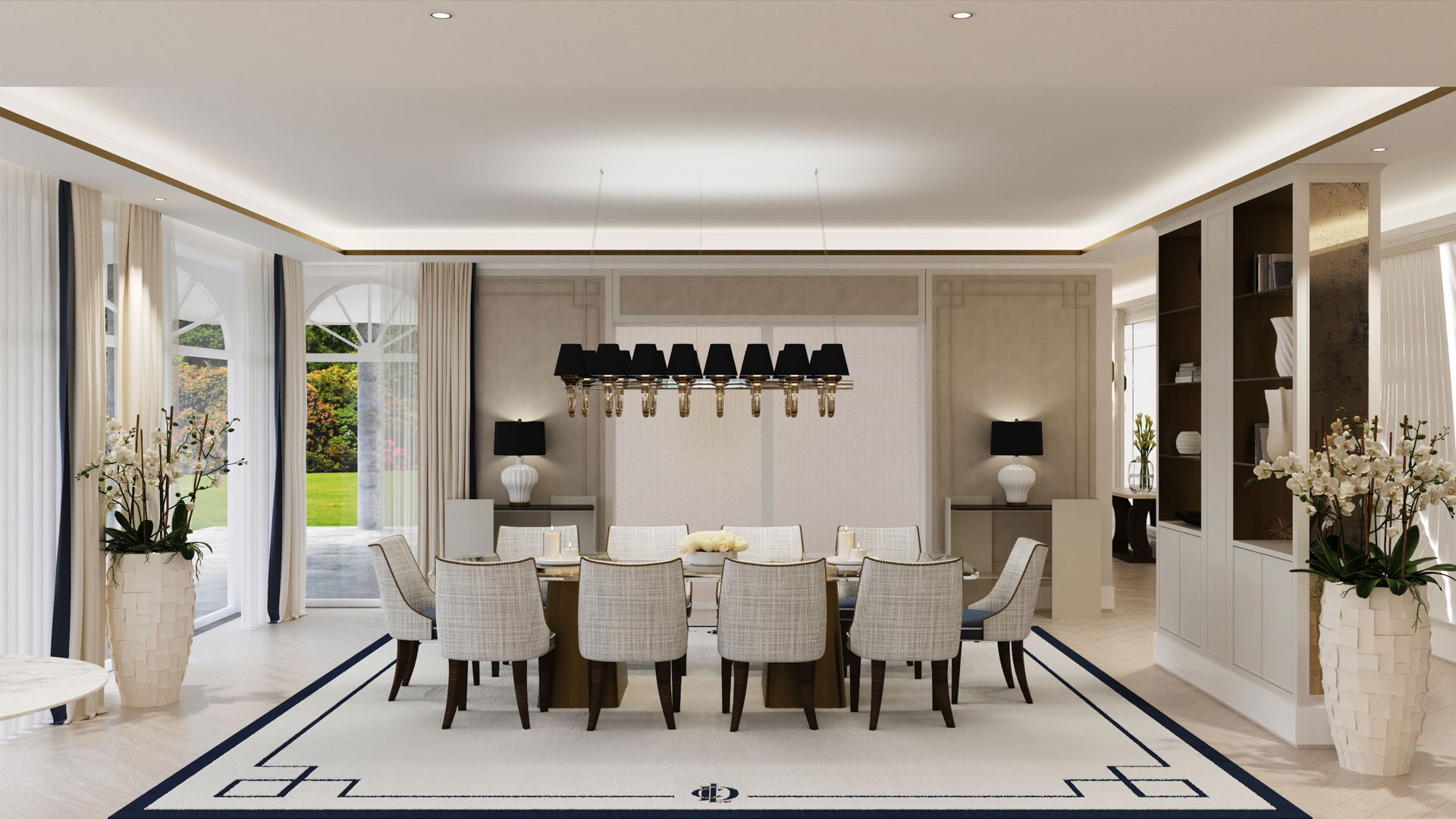A formal dining room with a long table, upholstered chairs, elegant pendant lights, and large windows with garden views.