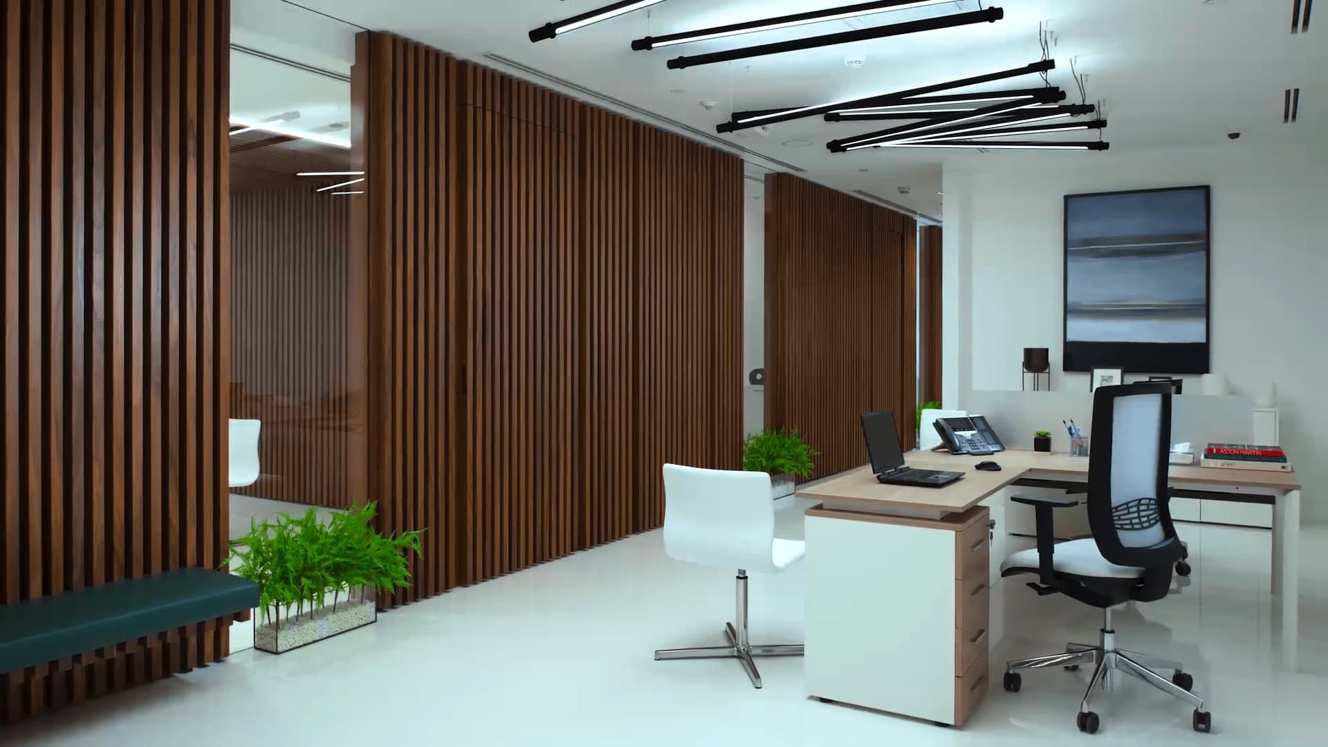 A sleek and modern office design with wooden slat dividers, contemporary desks and chairs, and accent lighting, creating an organized and stylish workspace.