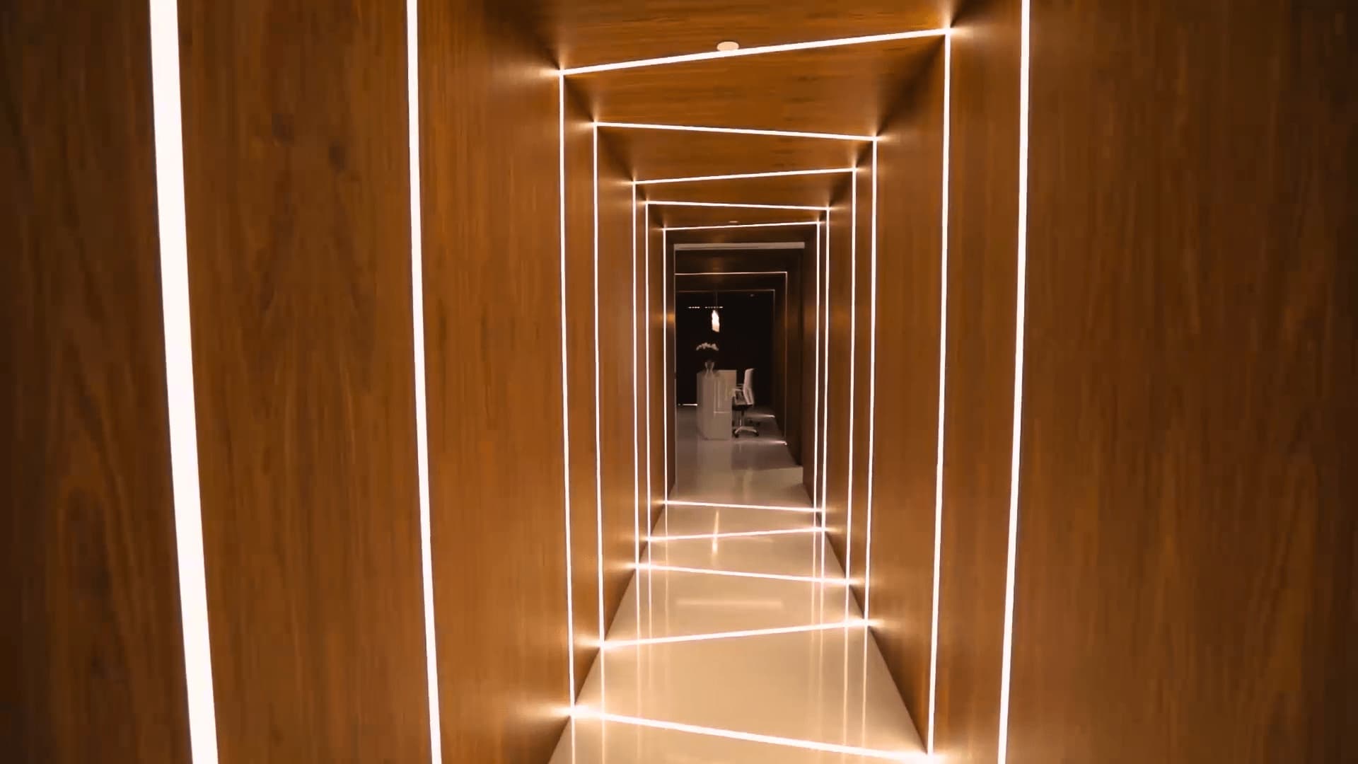 Image of a corridor or entryway lined with wood panels and illuminated by a sequence of lights creating a visually striking perspective effect. The lights form continuous lines along the edges of the walls and ceiling, drawing the eye towards the end of the passage where a silhouette of a person can be seen in the distance. The design is modern and creates a sense of depth and direction.