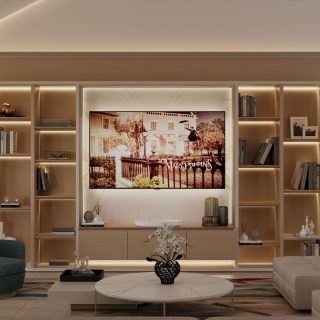 A cozy living area with ambient lighting, bookshelves, comfortable seating, and a large "Mary Poppins" poster as the centerpiece.