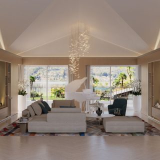 A bright, open-concept living space with a grand piano, cascading chandelier, and expansive windows showcasing a scenic view.