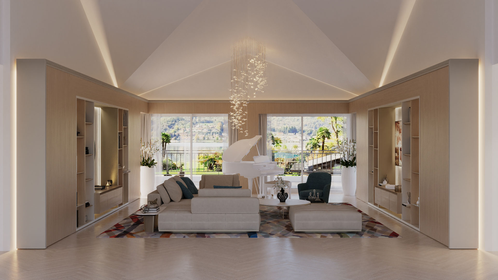 A bright, open-concept living space with a grand piano, cascading chandelier, and expansive windows showcasing a scenic view.