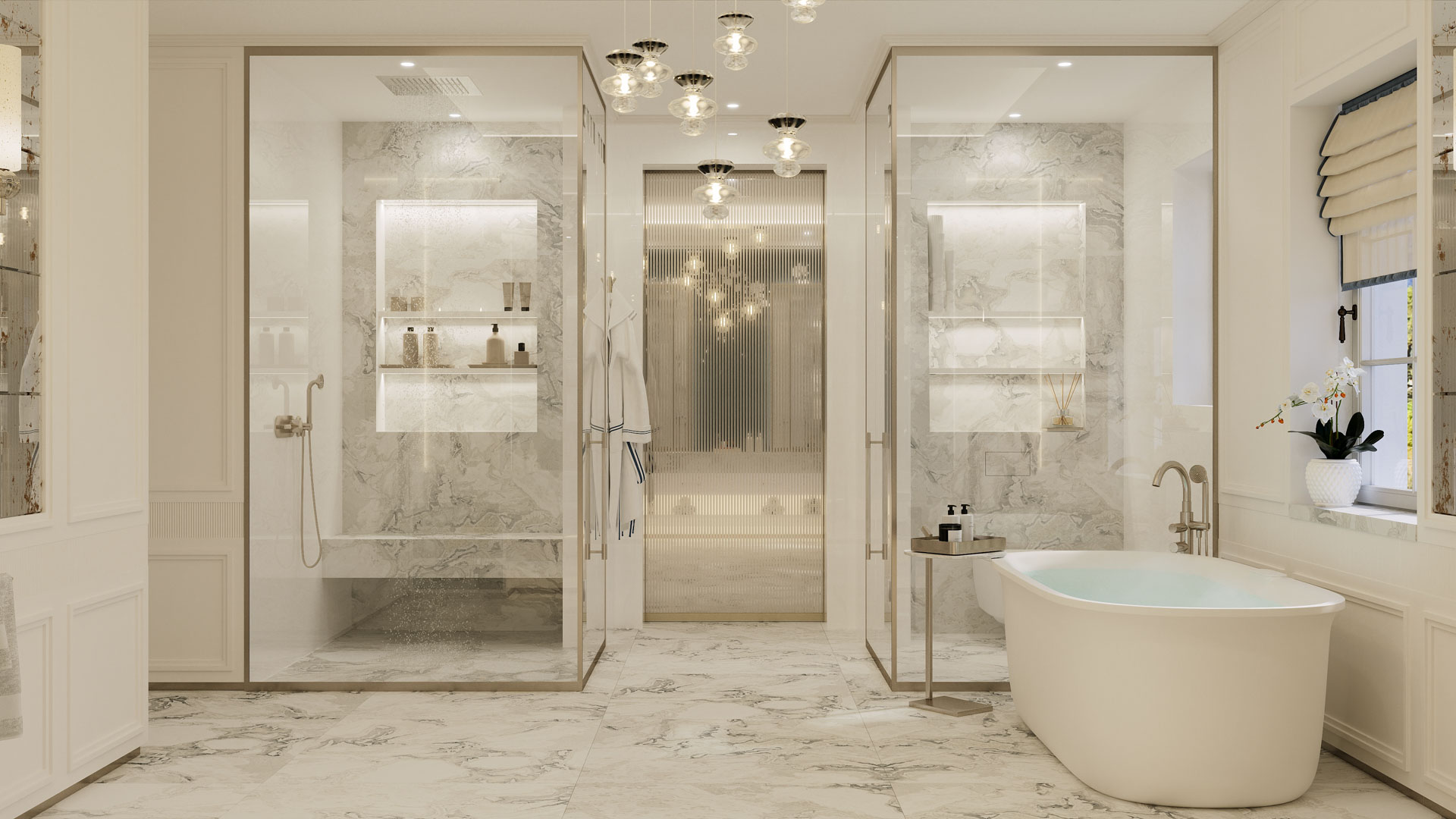 A spacious and luxurious bathroom featuring a freestanding bathtub, marble walls, a walk-in shower, and decorative pendant lights.