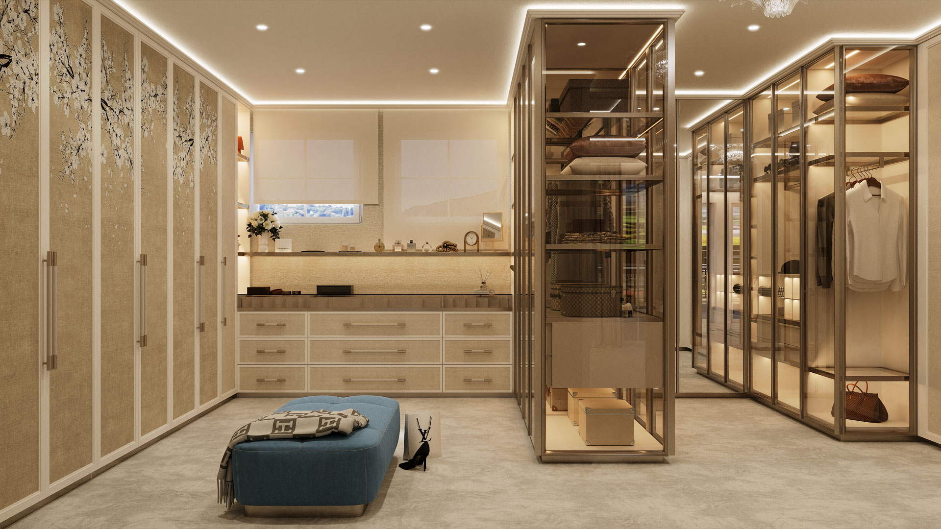 An elegant walk-in closet with mirrored wardrobes, glass display cases, a central ottoman, and soft lighting, creating a luxurious dressing area.