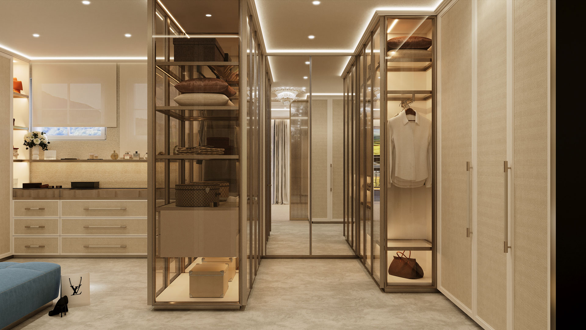A luxurious walk-in closet with mirrored doors, display shelves, drawers, and elegant lighting, creating a bright and organized space.