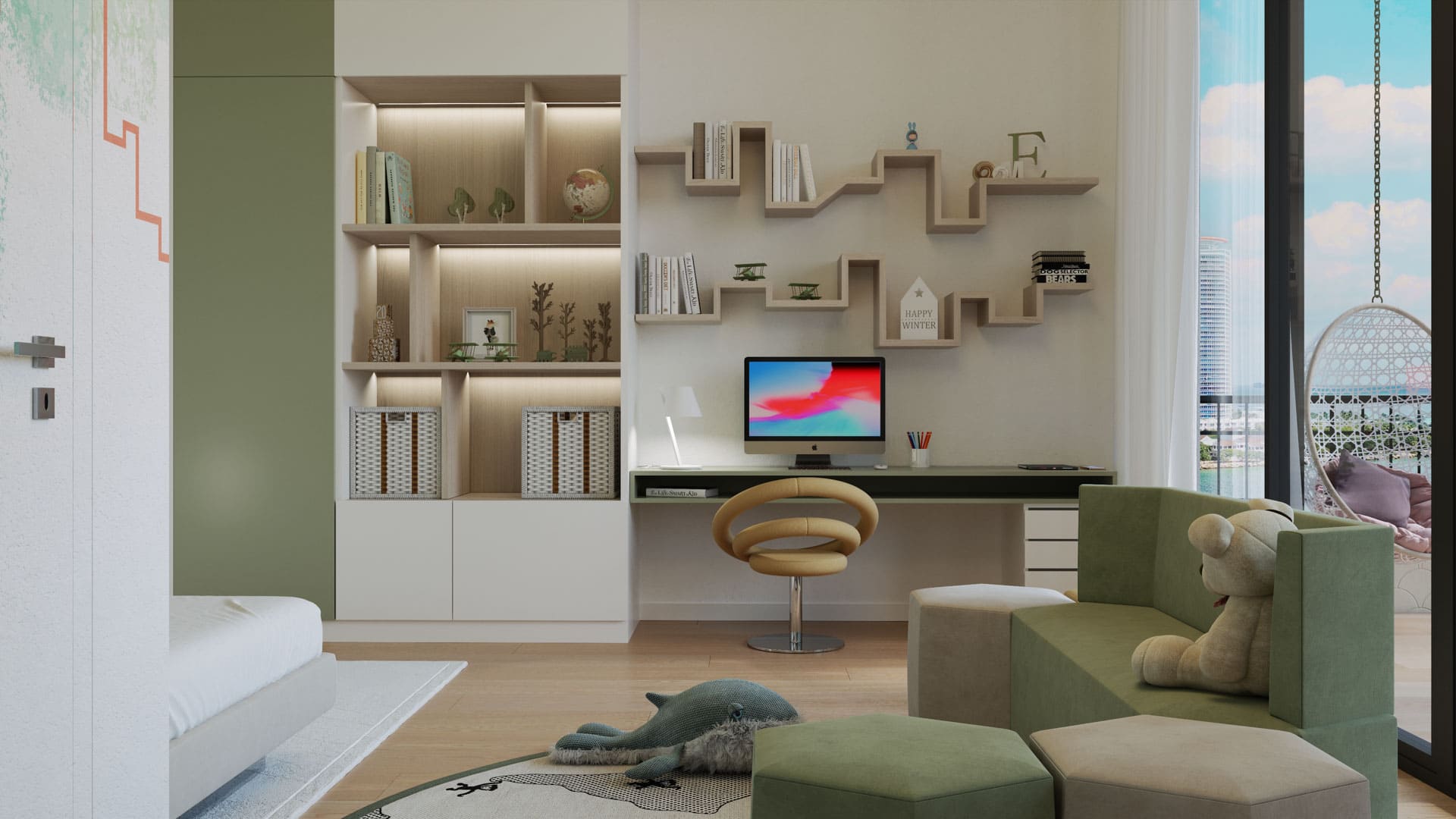 A child's bedroom with a cozy bed, playful wall decor, built-in shelving filled with books and toys, a modern swivel chair, and a computer on a desk, creating a fun and inviting space for learning and rest.