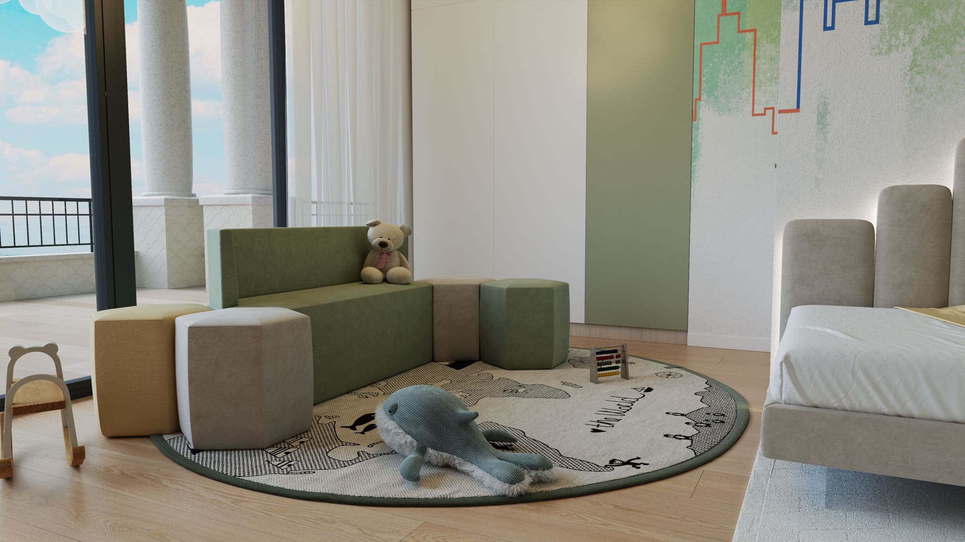 A cozy corner in a child's room with a green mini sofa and ottoman, a playful round rug with a world map, a plush toy, and a wooden rocking horse, all next to large windows with a view of the balcony and sky.