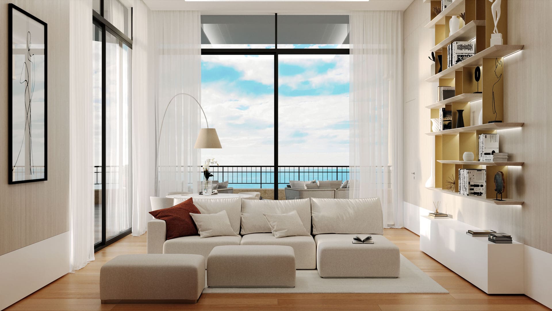 A minimalist living room with a comfortable modular sofa, a large floor lamp, and built-in bookshelves, featuring expansive windows that offer a stunning ocean view, complemented by sheer white curtains.