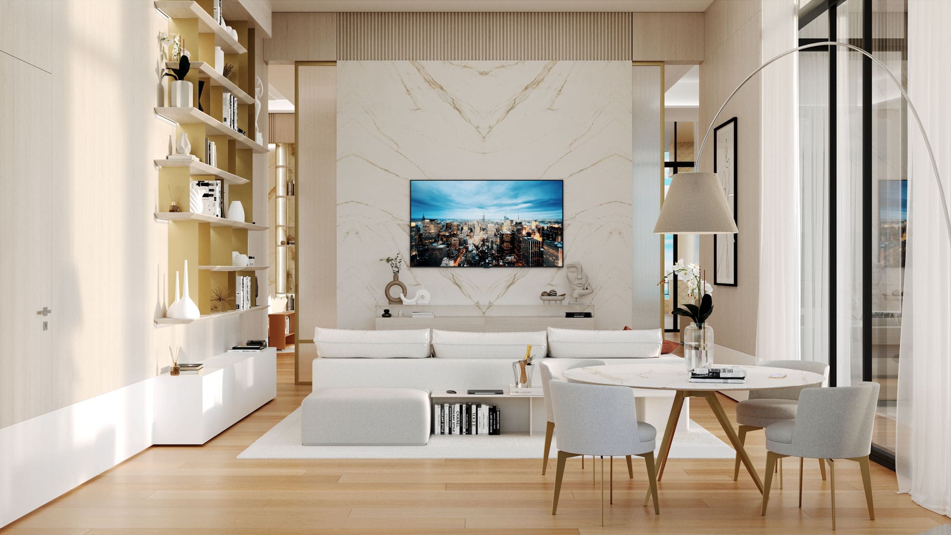 A bright and modern living room with sleek white furniture, a large marble wall with a mounted television, open shelving, and a dining area illuminated by a stylish floor lamp, all set against a backdrop of warm wooden floors and a panoramic city view.