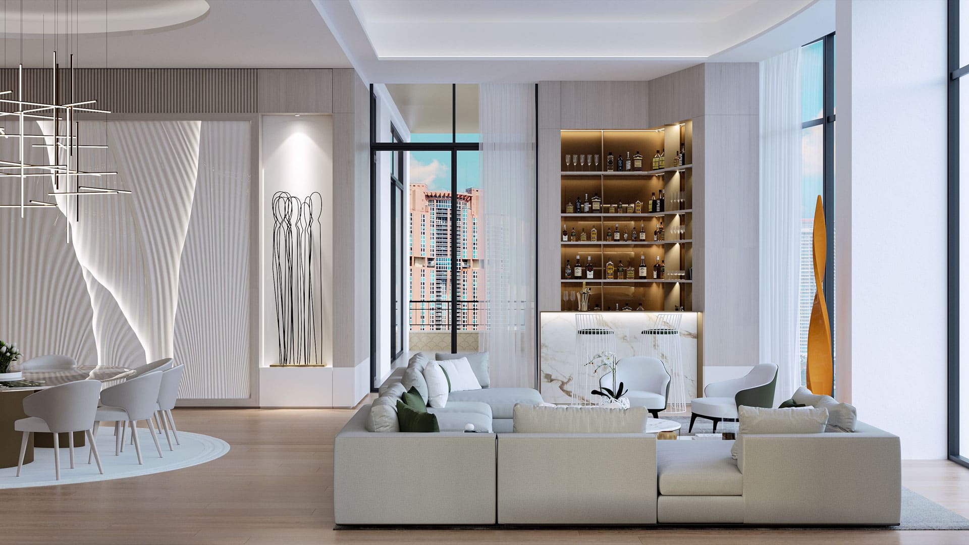 An inviting living space with a sectional sofa, modern art pieces, ambient lighting, and a wine shelf, creating a warm and sophisticated atmosphere suitable for relaxation and entertainment.