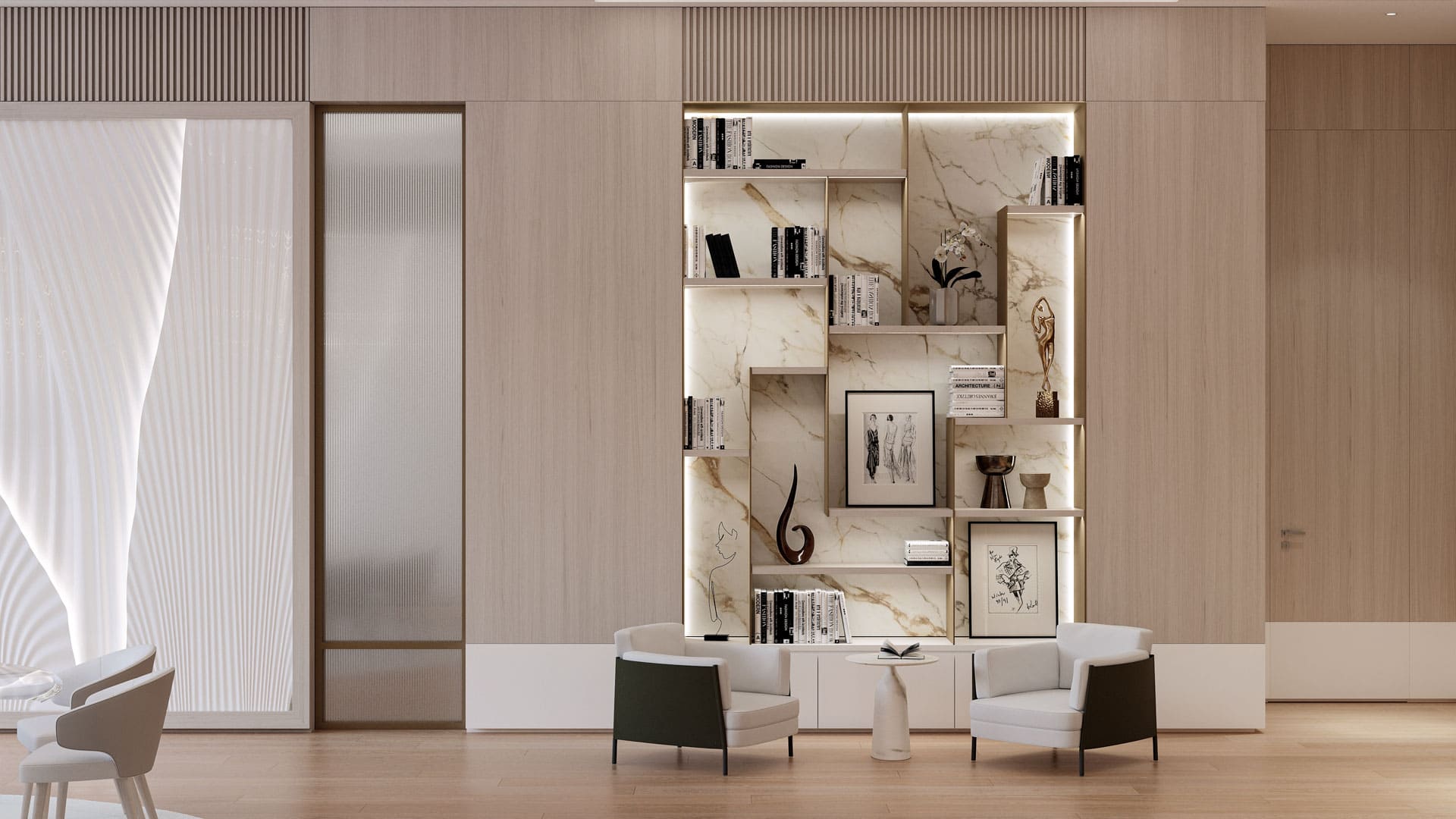 A minimalist living space with a marble-backed bookshelf, adorned with books and decorative pieces, flanked by two modern armchairs and a small table, all set against a backdrop of warm wooden panels and sheer curtains.