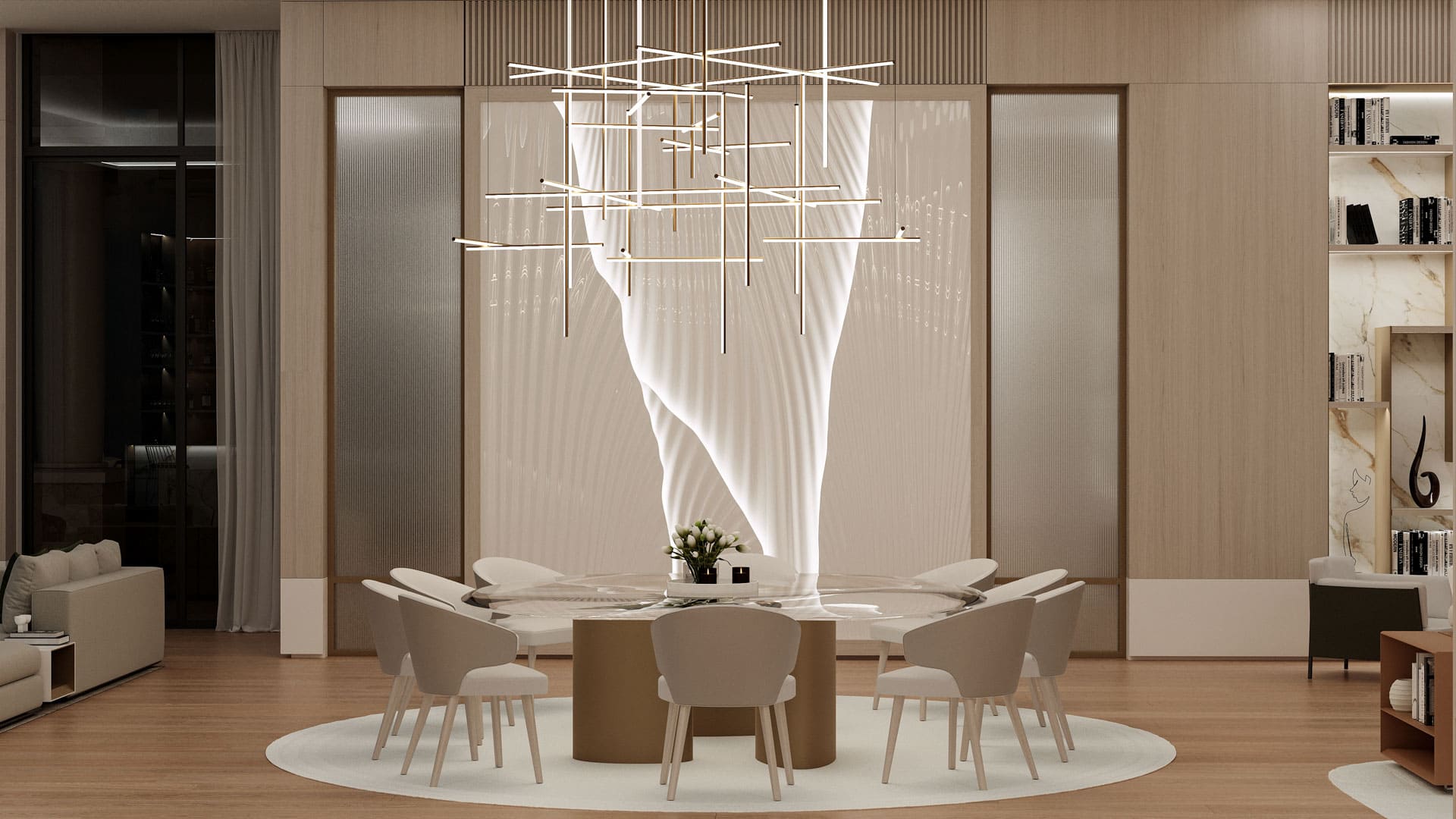 A modern dining room showcasing an artistic chandelier above a round table with elegant chairs, set on a circular rug, and framed by sleek wooden panels and sheer curtains, creating an atmosphere of contemporary sophistication.