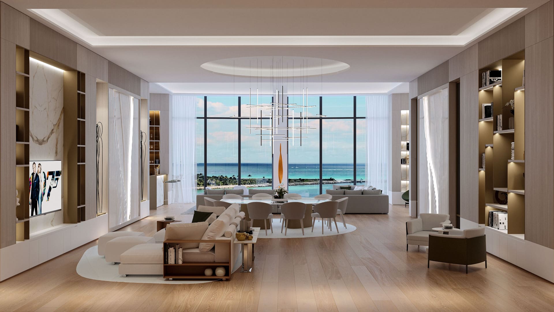 A luxurious open-plan living space with floor-to-ceiling windows offering a panoramic ocean view, an elegant dining area under a modern chandelier, cozy seating arrangements, and bookshelves integrated into the sleek wooden wall panels.