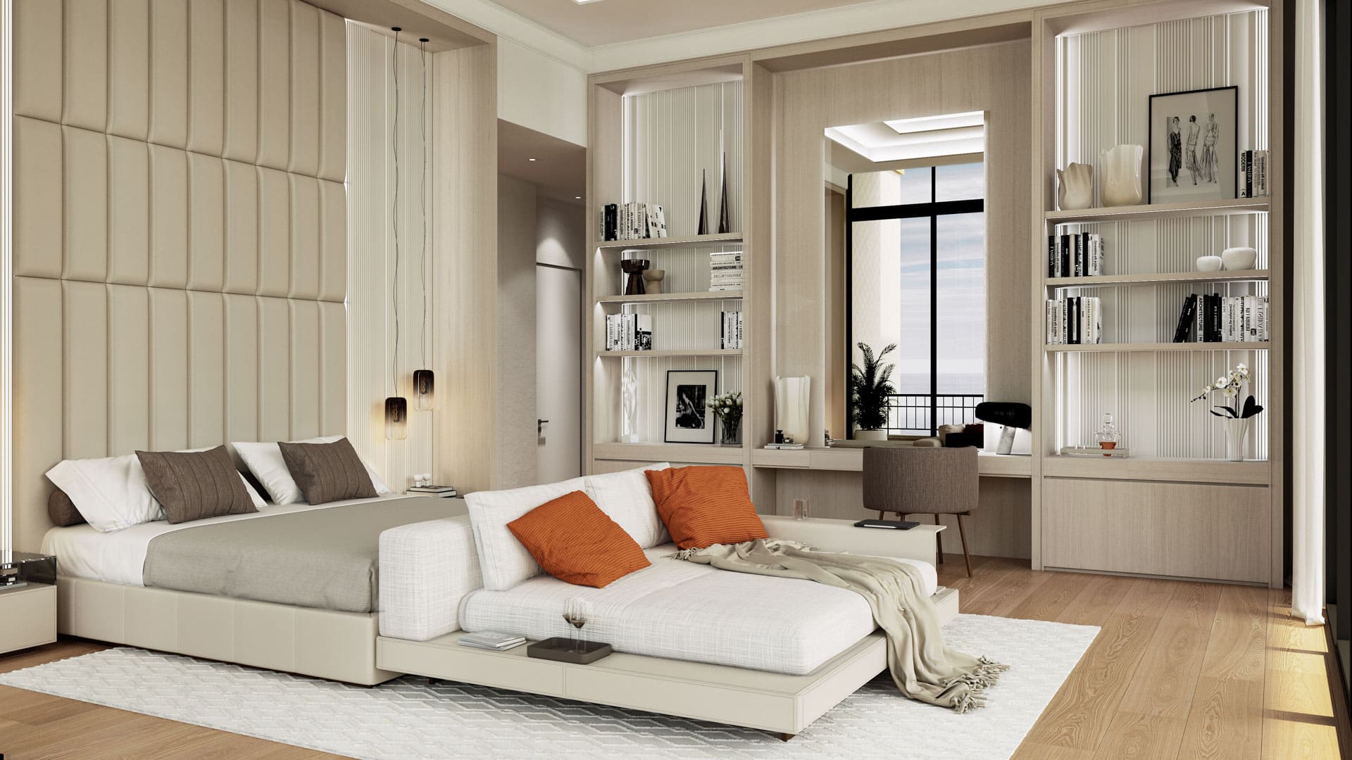 A contemporary bedroom with a large bed, white and orange pillows, elegant wall-mounted lighting, and a reading nook by the window, complemented by built-in bookshelves and a cozy chair, all in a palette of neutral tones.