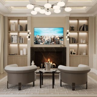 An elegant sitting room with a lit fireplace, a mounted TV, bookshelves, and two cozy chairs under a modern spherical chandelier.