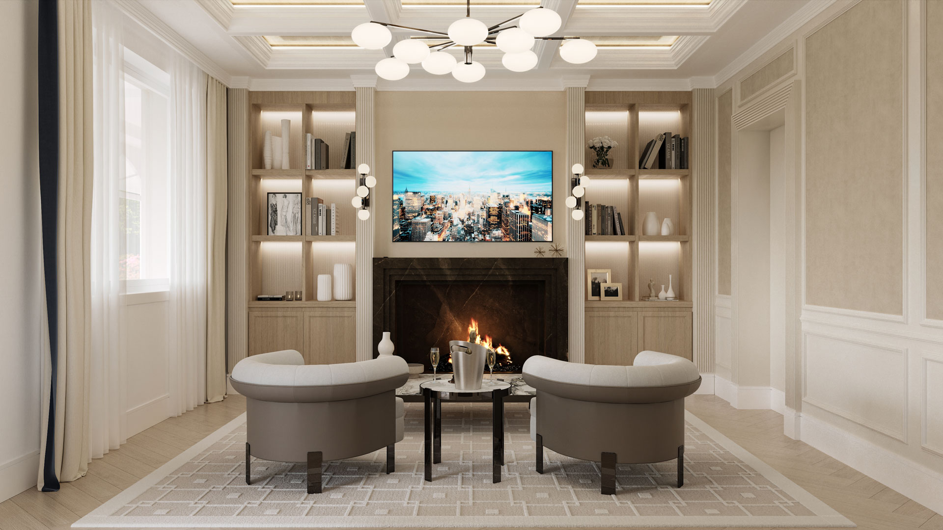 An elegant sitting room with a lit fireplace, a mounted TV, bookshelves, and two cozy chairs under a modern spherical chandelier.